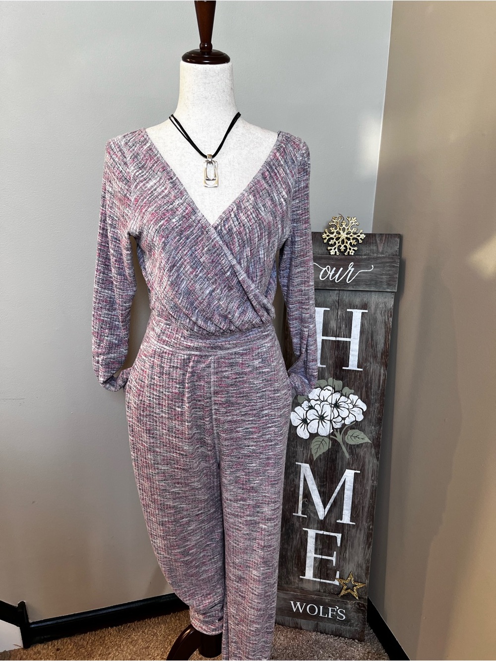 Free People Beach Heathered Mauve Knit Wrap Jumpsuit Small Boho